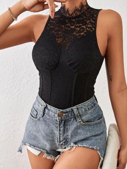 Mock Neck Sleeveless Lace Bodysuit-Angel Casuals