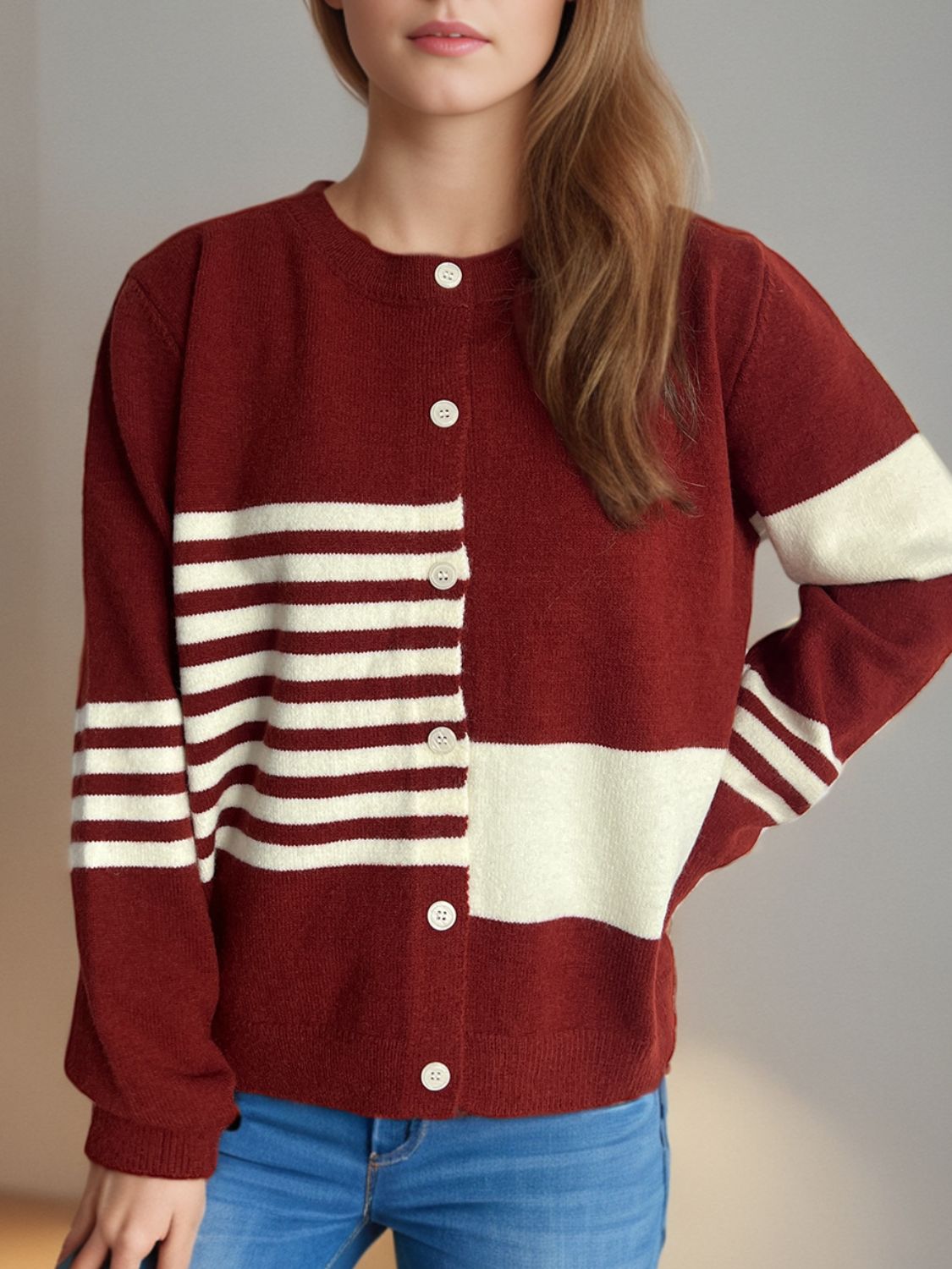 Striped Color Block Round Neck Cardigan-Angel Casuals