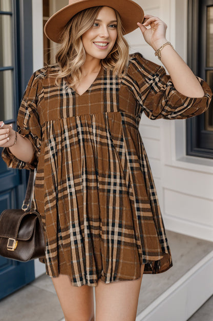 Plus Size Plaid V-Neck Balloon Sleeve Mini Dress-Angel Casuals