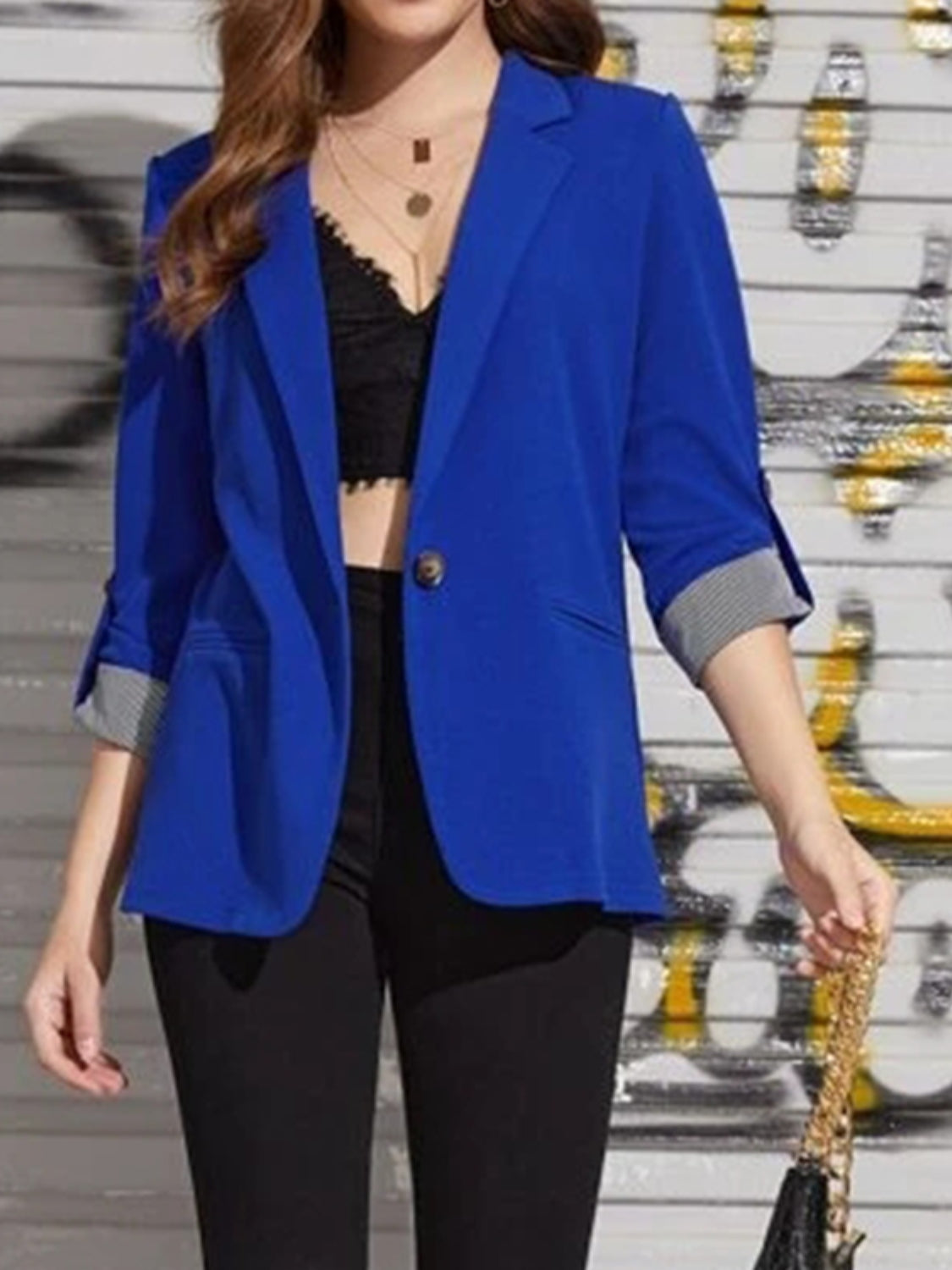 Lapel Collar Roll-Tab Sleeve Blazer-Angel Casuals