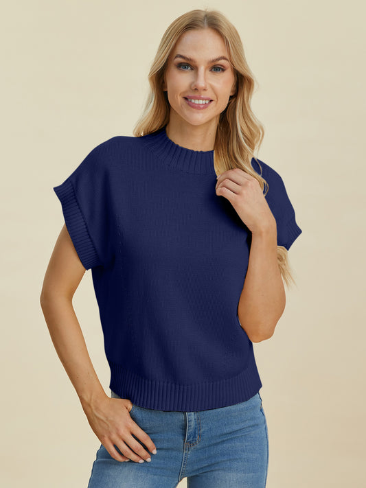 Double Take Full Size Mock Neck Short Sleeve Sweater-Angel Casuals