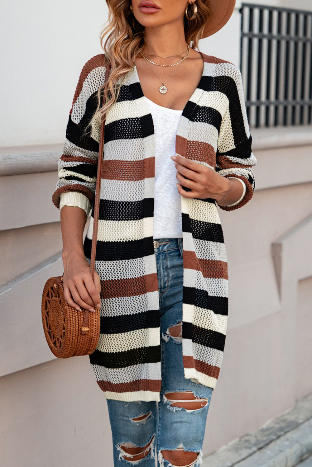 Full Size Striped Long Sleeve Openwork Cardigan-Angel Casuals