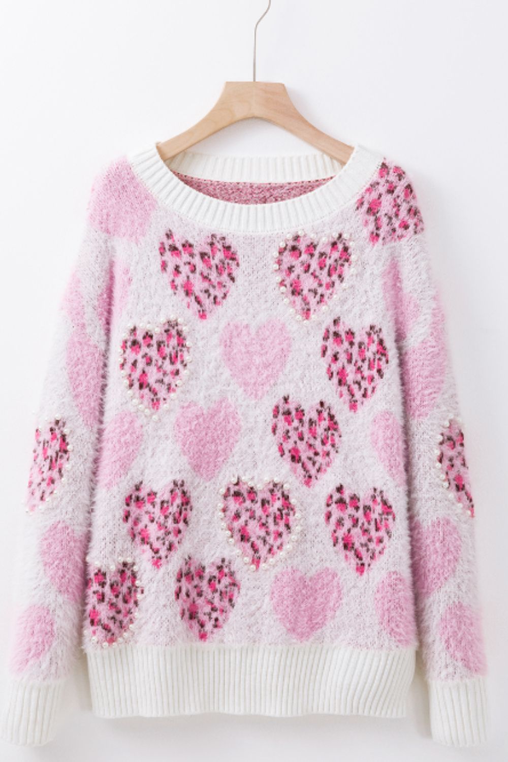 Pearl Detail Heart Round Neck Sweater-Angel Casuals