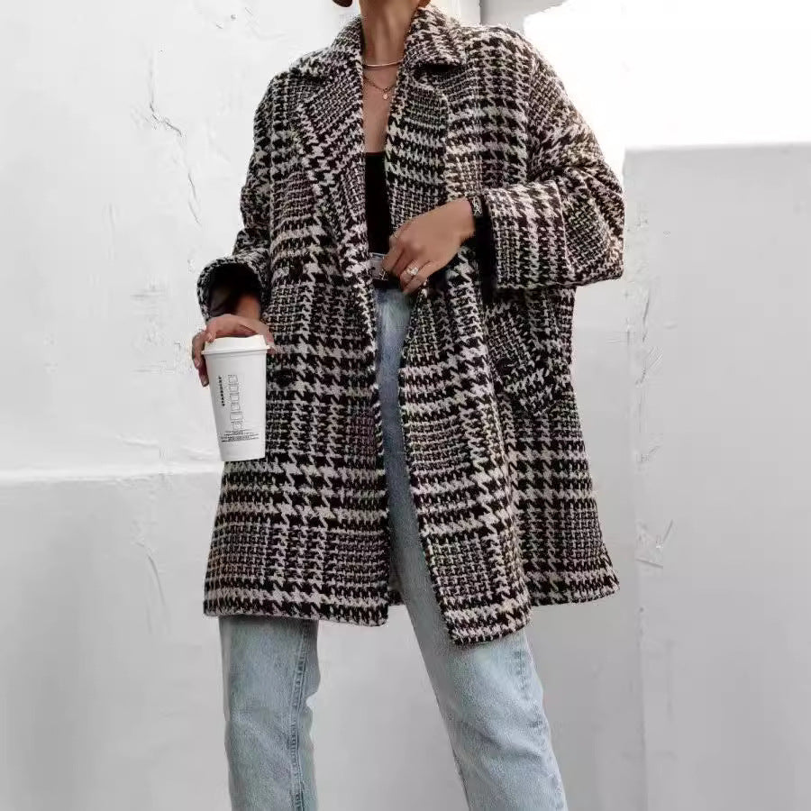 Houndstooth Collared Neck Long Sleeve Coat with Pockets-Angel Casuals