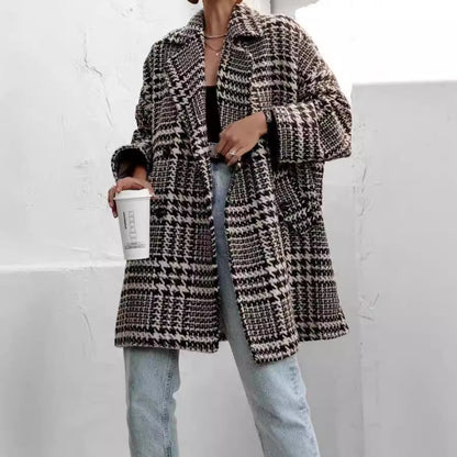 Houndstooth Collared Neck Long Sleeve Coat with Pockets-Angel Casuals