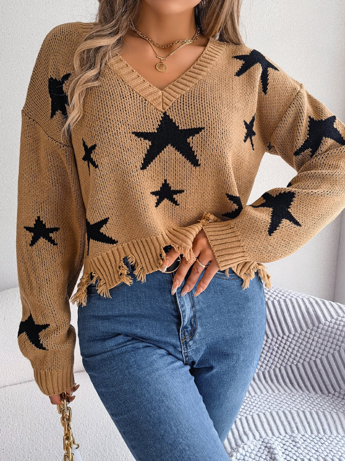 Star Pattern Distressed V-Neck Cropped Sweater-Angel Casuals