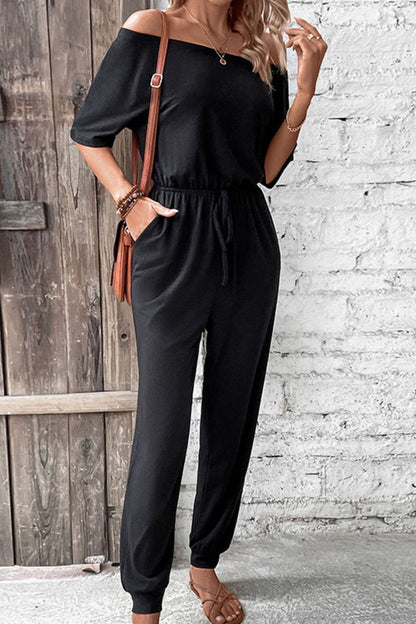 Off-Shoulder Jumpsuit with Pockets-Angel Casuals