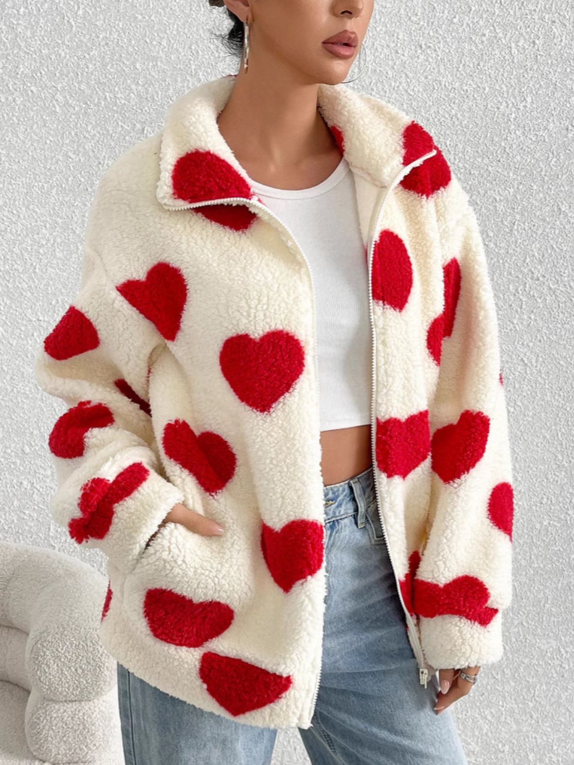 Heart Zip Up Drop Shoulder Furry Jacket-Angel Casuals