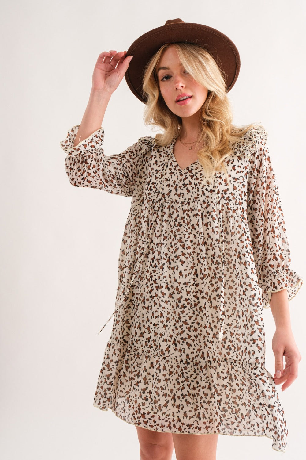 And The Why Leopard Ruffle Hem Woven Mini Dress-Angel Casuals