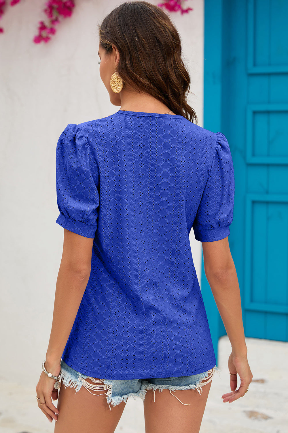 Eyelet V-Neck Short Sleeve T-Shirt-Angel Casuals