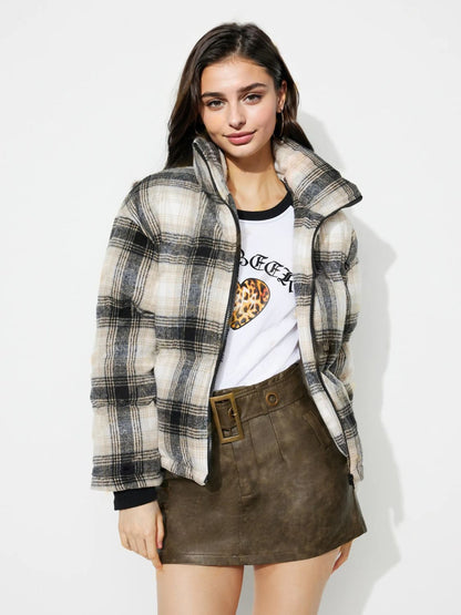 Plaid Zip Up Long Sleeve Jacket-Angel Casuals