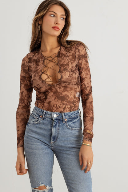 HERA COLLECTION Abstract Mesh Lace-Up Long Sleeve Bodysuit-Angel Casuals