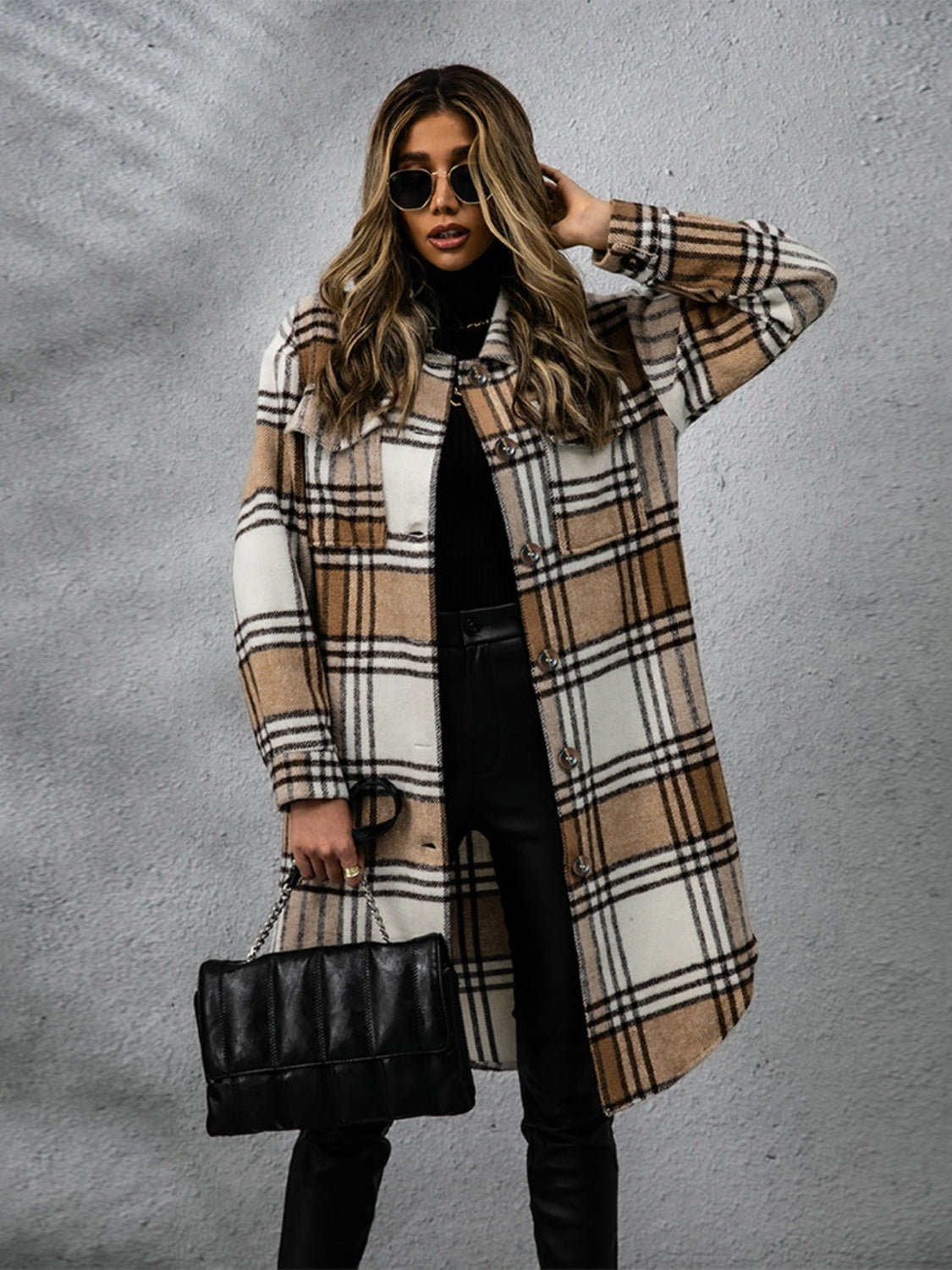 Plaid Collared Neck Long Sleeve Coat-Angel Casuals