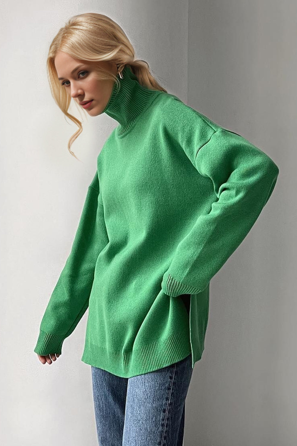 Basic Bae Side Slit Turtleneck Dropped Shoulder Sweater-Angel Casuals