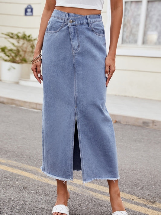 Slit Asymmetrical Waist Denim Skirt-Angel Casuals