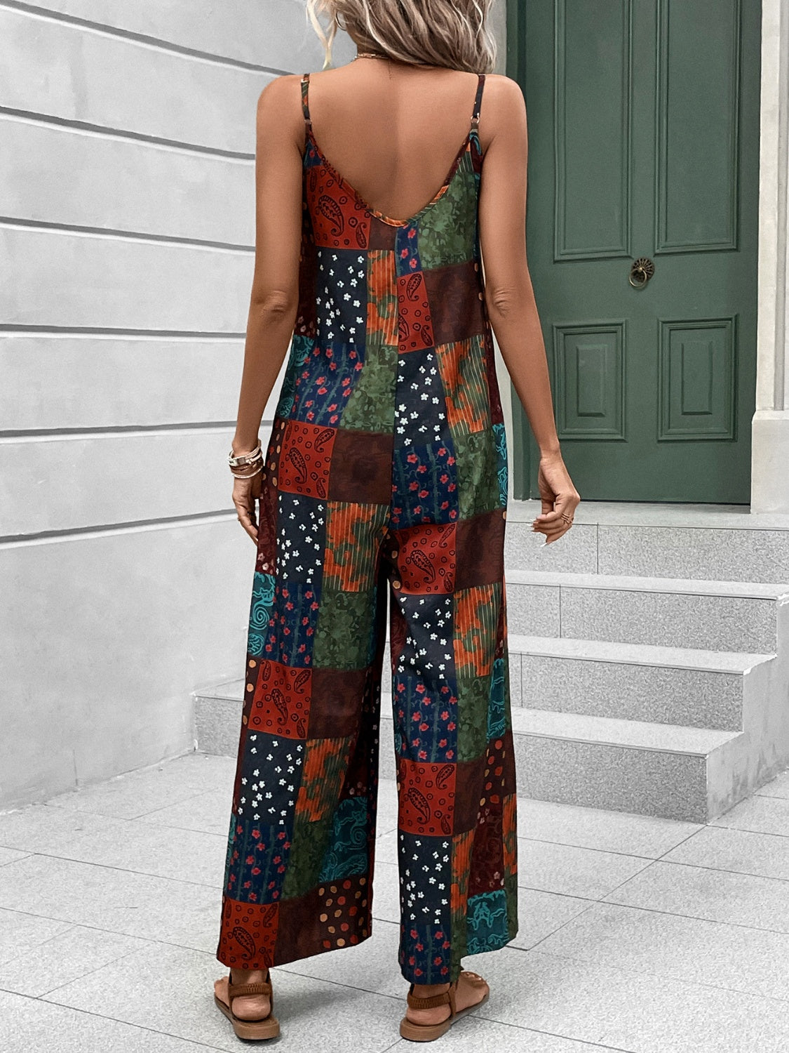 Printed Scoop Neck Spaghetti Strap Jumpsuit-Angel Casuals