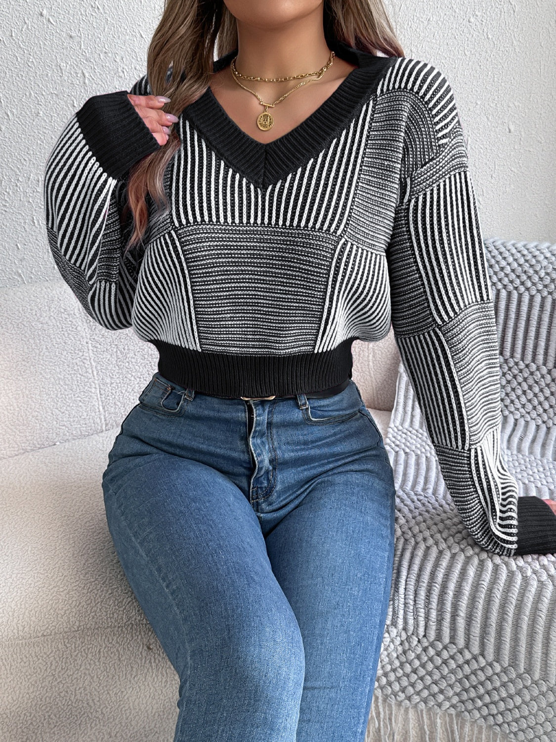 Striped V-Neck Long Sleeve Sweater-Angel Casuals