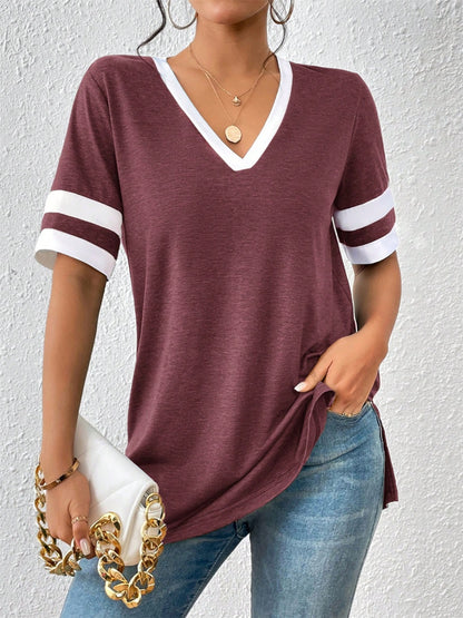 Contrast Trim V-Neck Short Sleeve T-Shirt-Angel Casuals