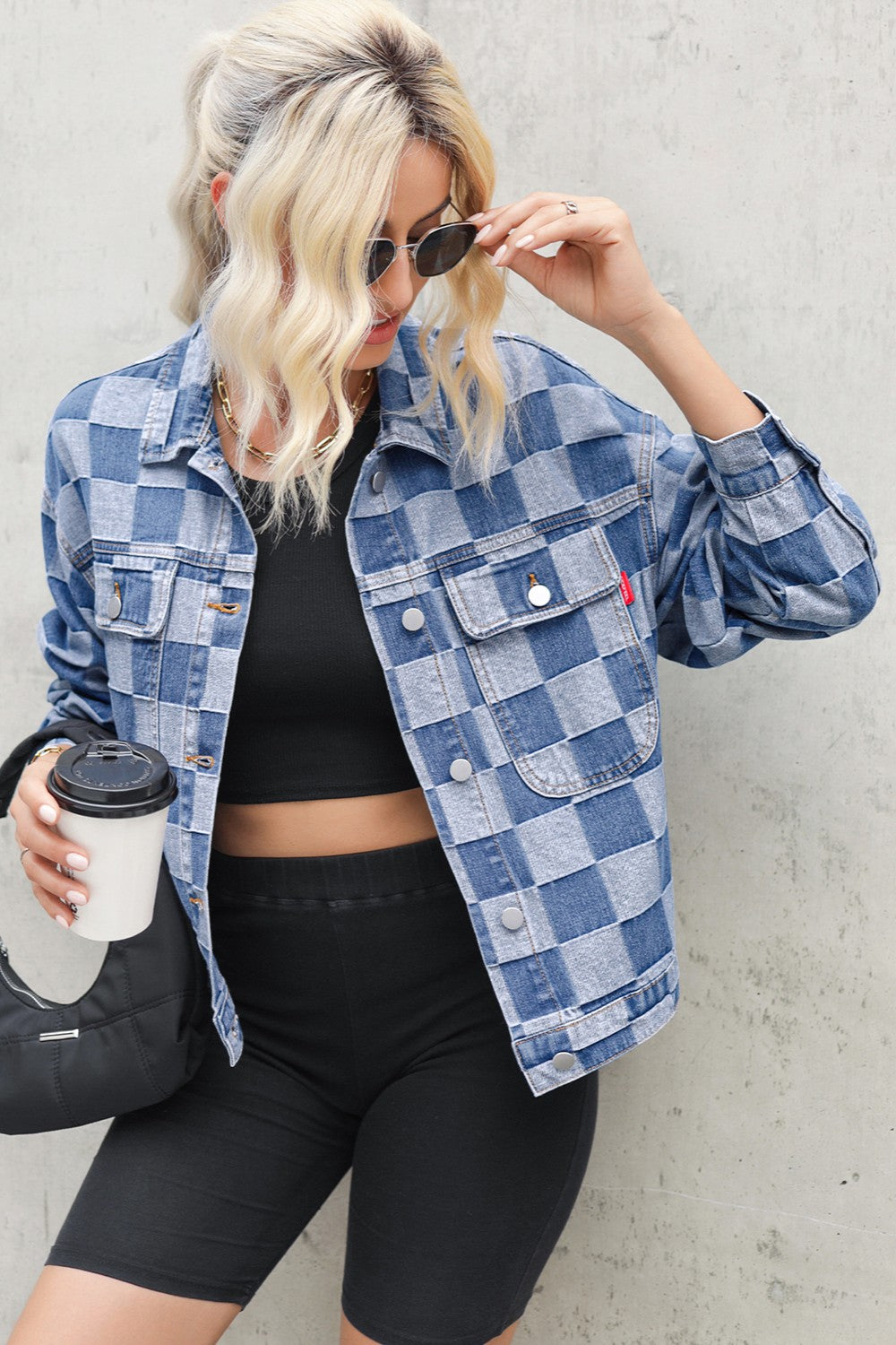 Checkered Button Up Long Sleeve Denim Jacket-Angel Casuals