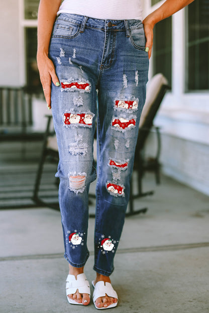 Santa Graphic Distressed Jeans with Pockets-Angel Casuals