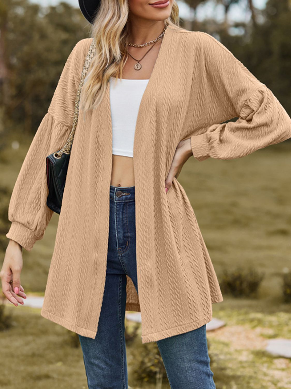 Textured Open Front Dropped Shoulder Cardigan-Angel Casuals