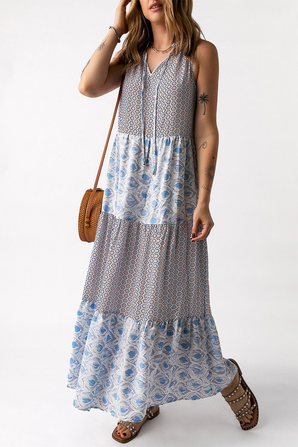 Mixed Print Tie-Neck Sleeveless Maxi Dress-Angel Casuals