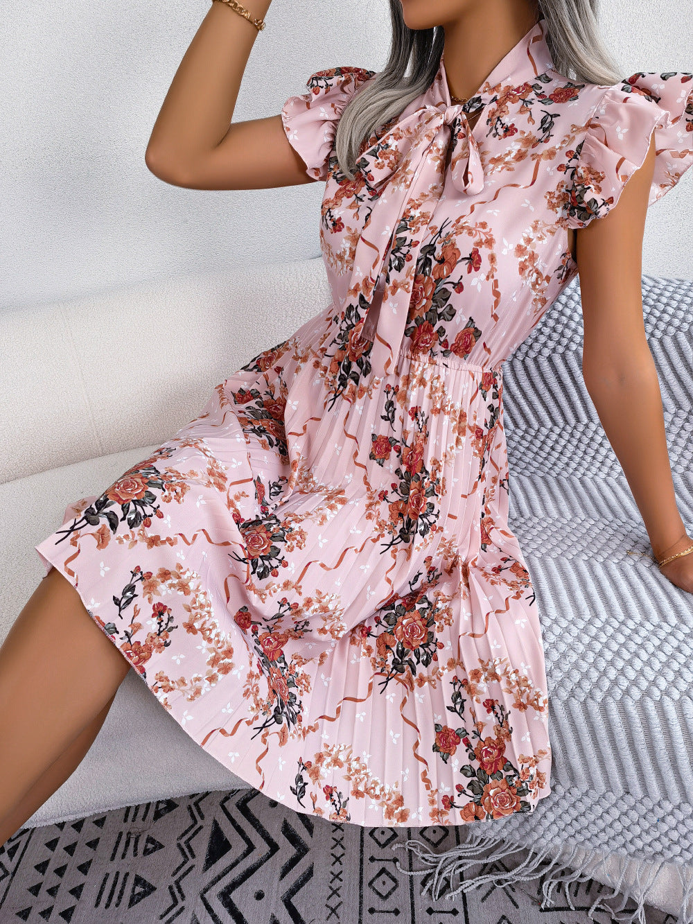 Pleated Floral Printed Tie Neck Knee Length Dress-Angel Casuals