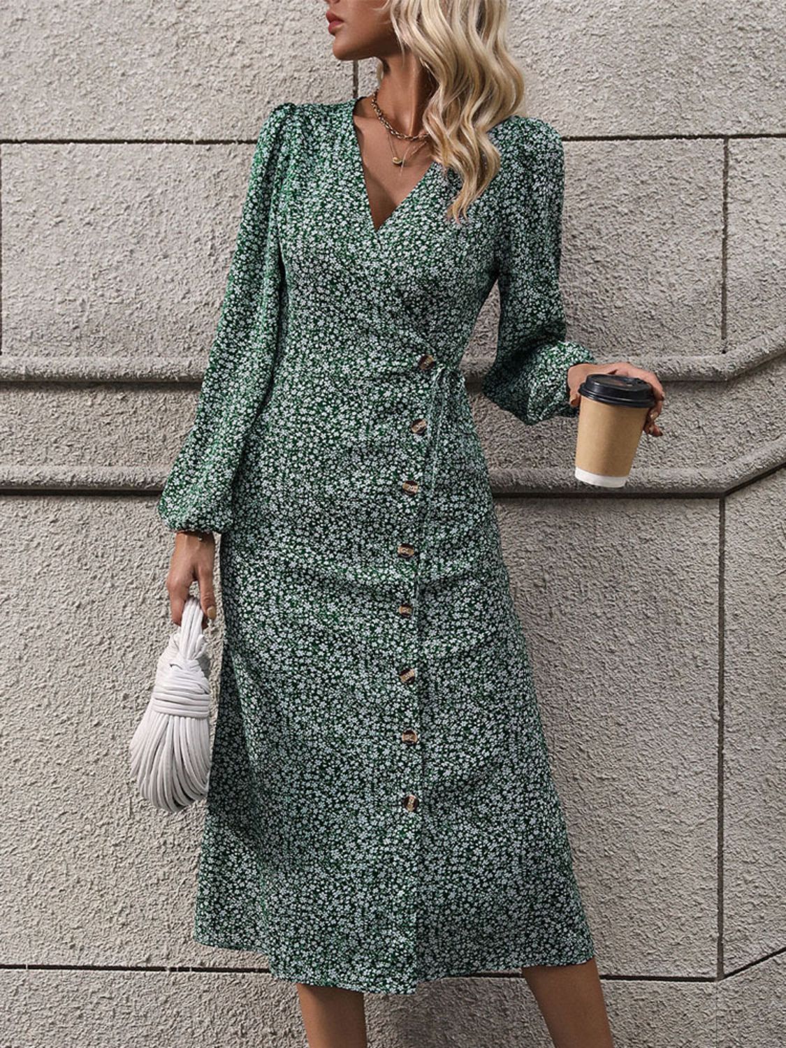 Printed Surplice Long Sleeve Midi Dress-Angel Casuals