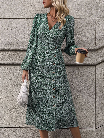 Printed Surplice Long Sleeve Midi Dress-Angel Casuals