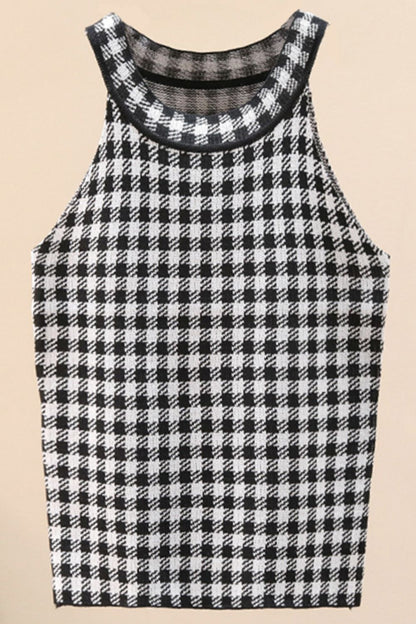 Plaid Round Neck Sleeveless Knit Top-Angel Casuals