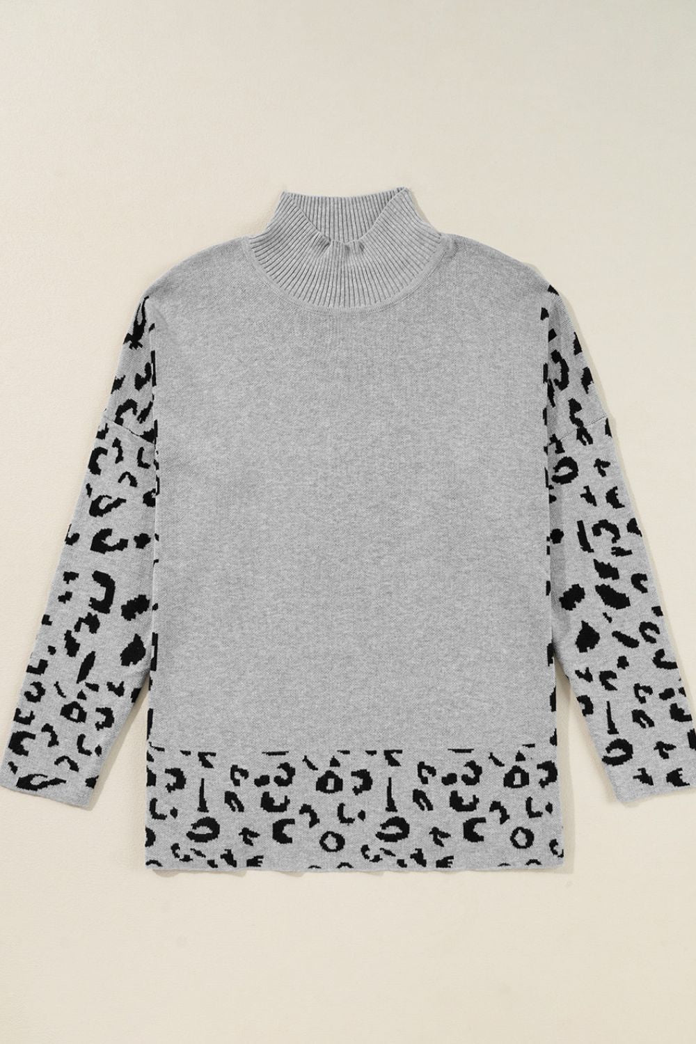 Slit Leopard Mock Neck Dropped Shoulder Sweater-Angel Casuals