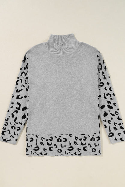 Slit Leopard Mock Neck Dropped Shoulder Sweater-Angel Casuals