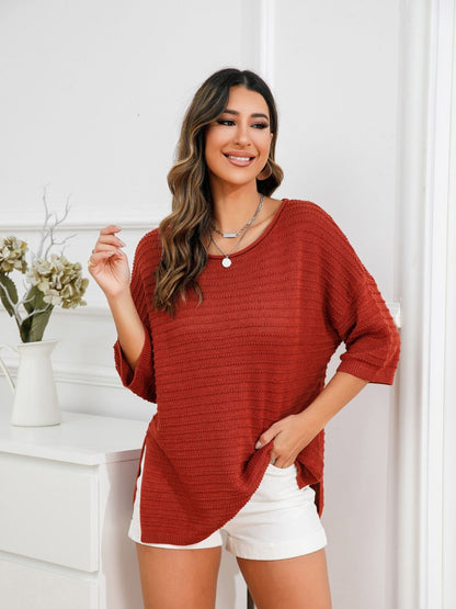 Rolled Round Neck Dropped Shoulder Slit Sweater-Angel Casuals