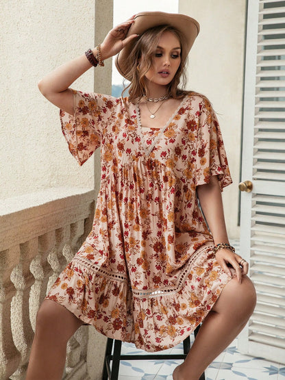 Plus Size Floral Crochet Flutter Sleeve Dress-Angel Casuals