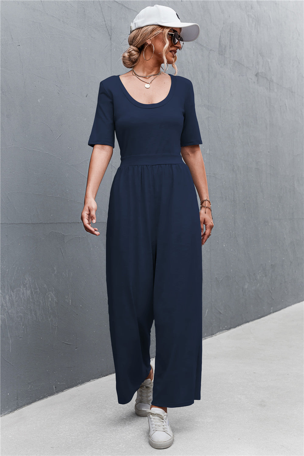 Scoop Neck Half Sleeve Wide Leg Jumpsuit-Angel Casuals