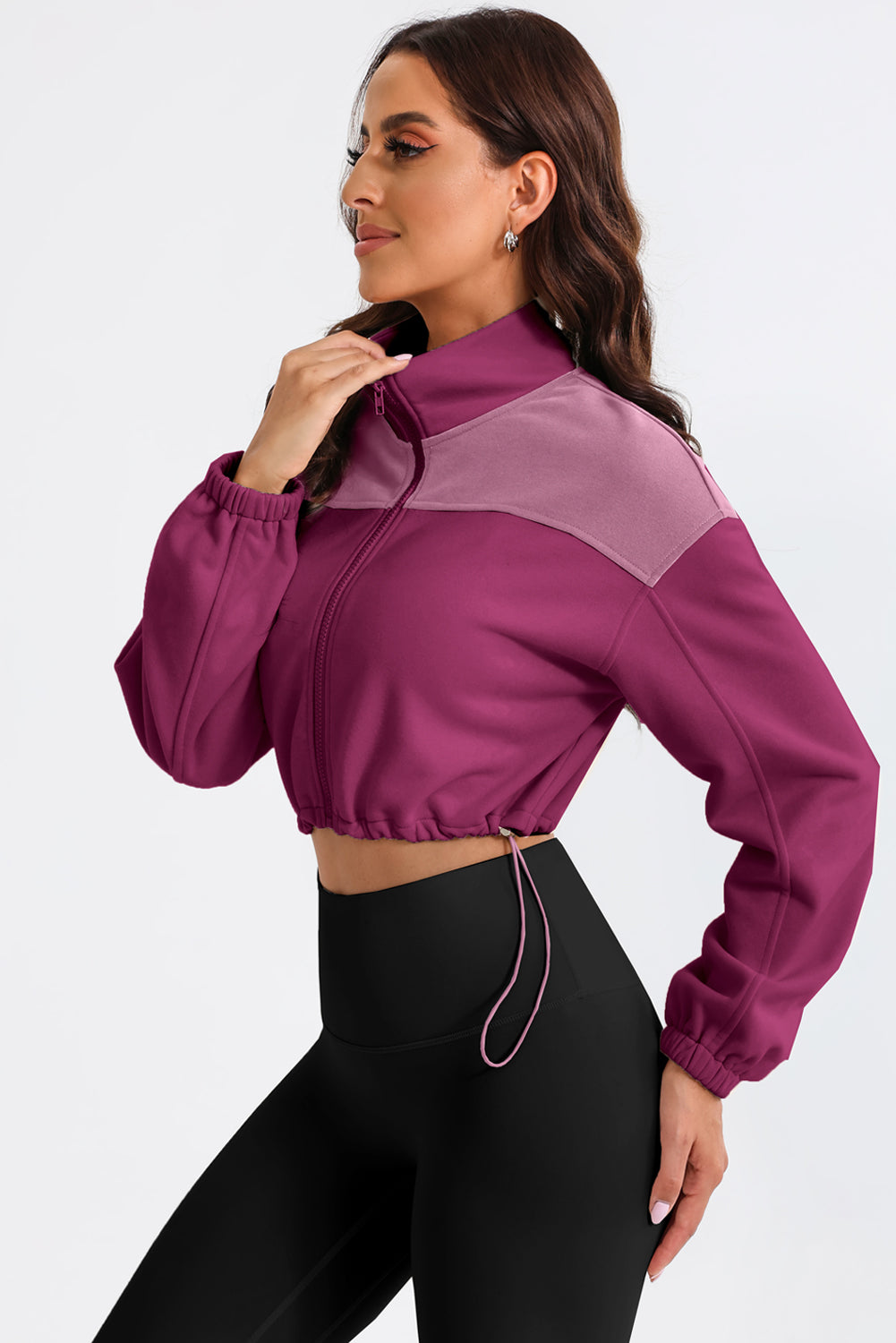 Contrast Drawstring Zip Up Jacket-Angel Casuals