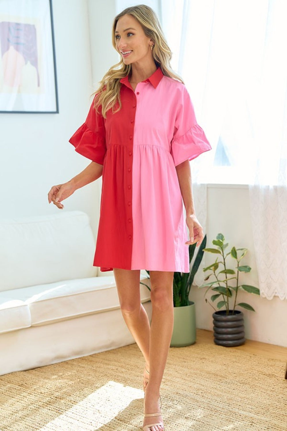 First Love Full Size Color Blocked Button Down Babydoll Dress-Angel Casuals