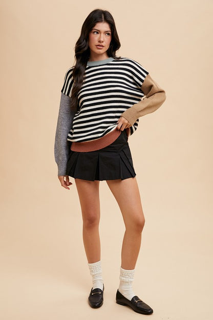 Annie Wear Striped Color Block Round Neck Sweater-Angel Casuals