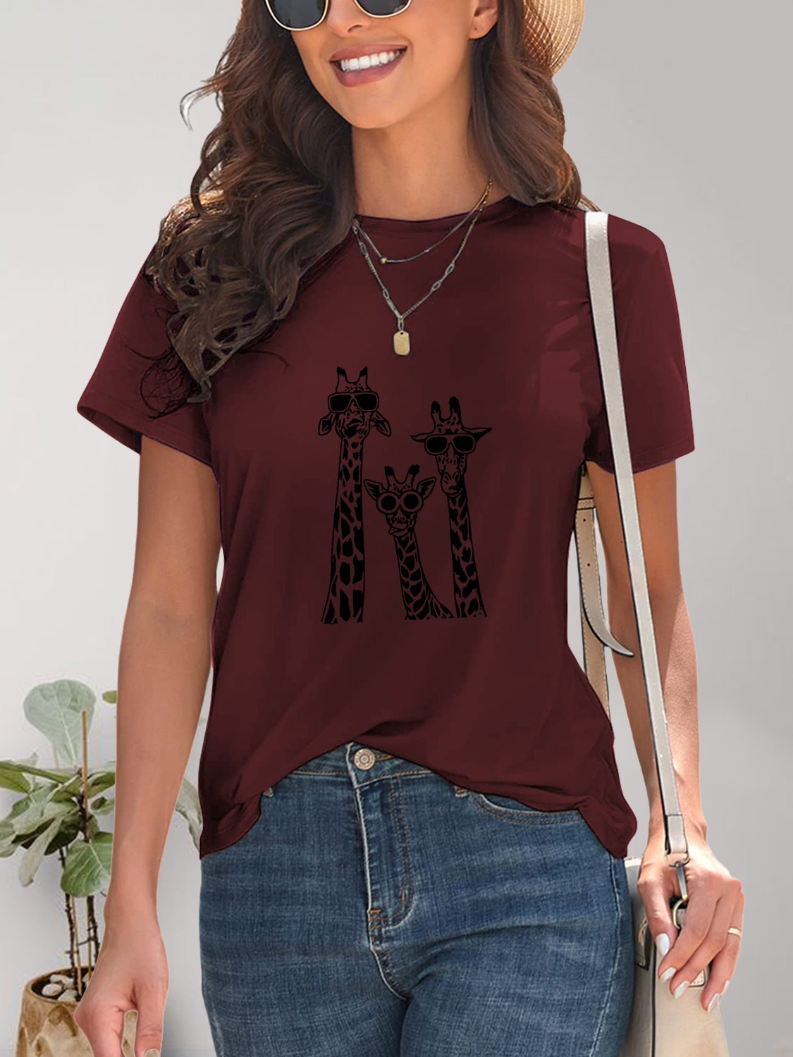 Giraffe Graphic Round Neck T-Shirt-Angel Casuals
