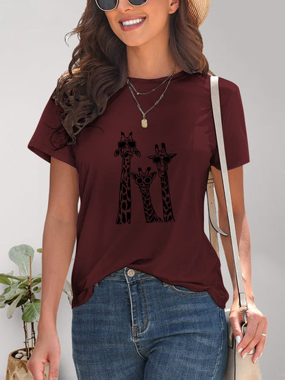 Giraffe Graphic Round Neck T-Shirt-Angel Casuals