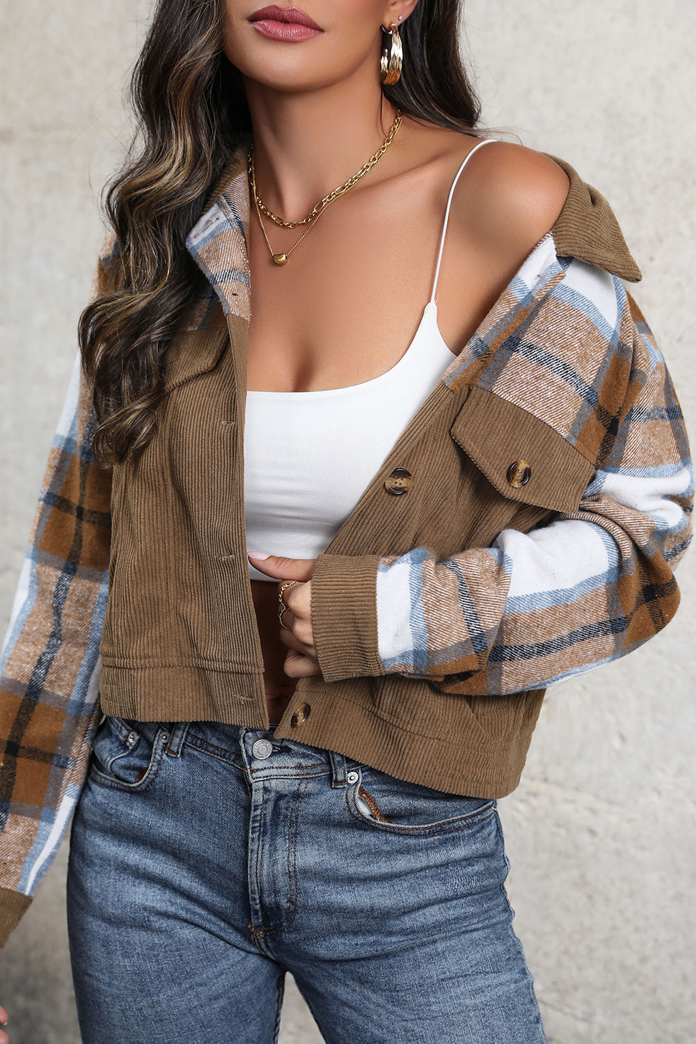 Perfee Plaid Button Up Collared Neck Jacket-Angel Casuals