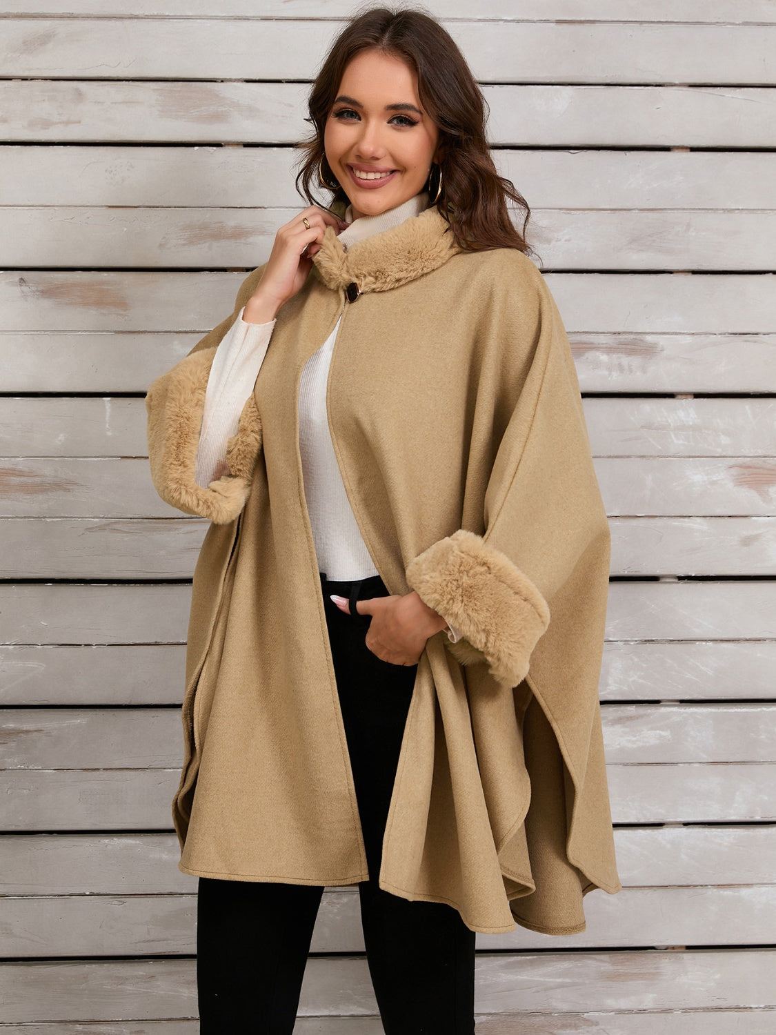 Fuzzy Trim Long Sleeve Poncho-Angel Casuals