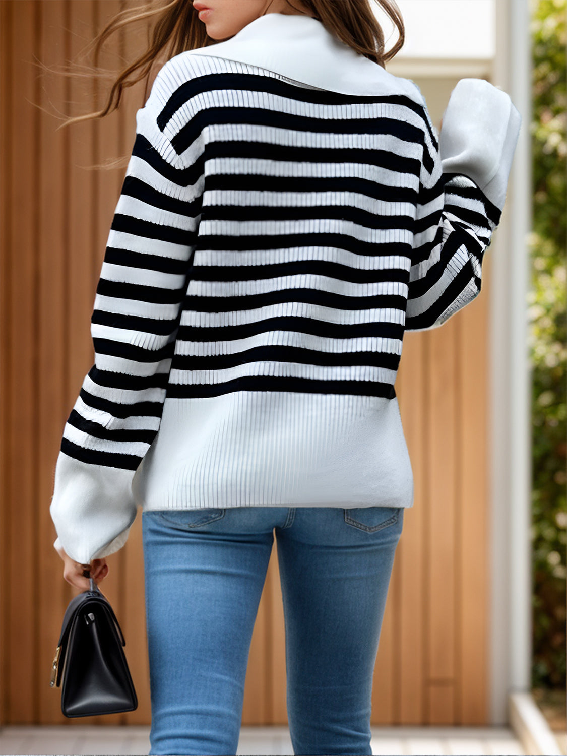 Striped Collared Neck Long Sleeve Sweater-Angel Casuals