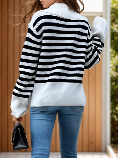Striped Collared Neck Long Sleeve Sweater-Angel Casuals