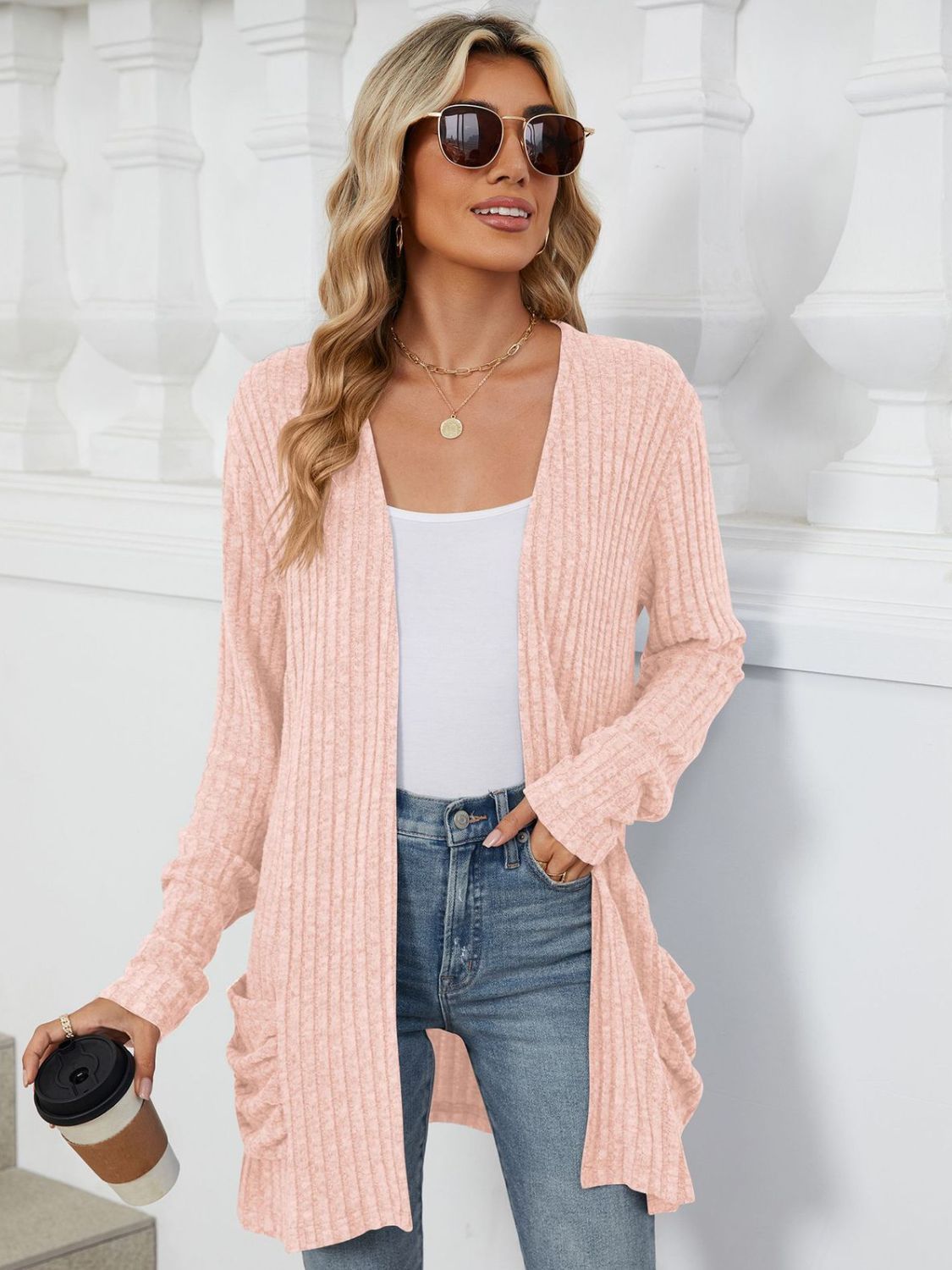 Pocketed Open Front Long Sleeve Cardigan-Angel Casuals