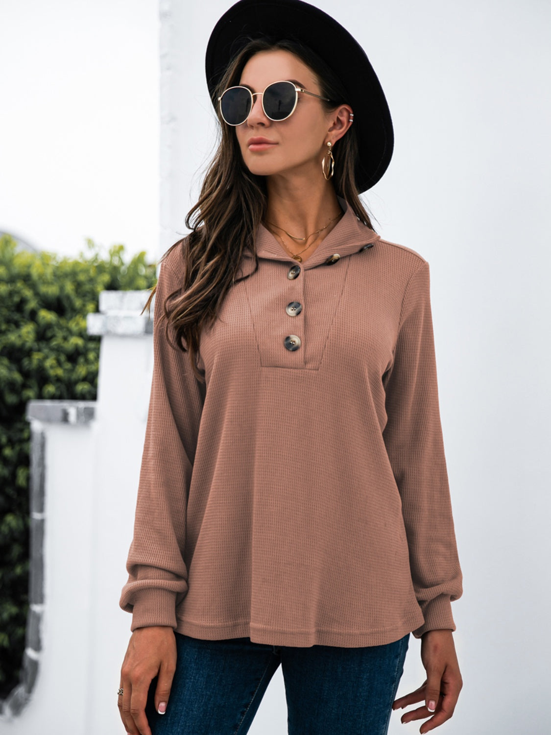 Half Button Long Sleeve T-Shirt-Angel Casuals
