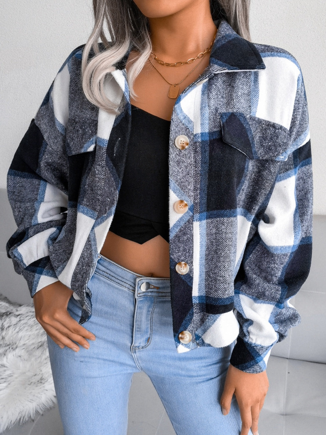 Plaid Collared Neck Long Sleeve Jacket-Angel Casuals