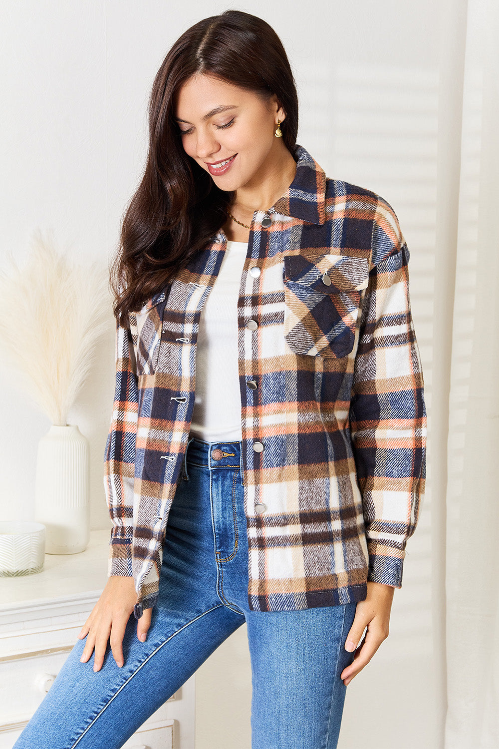 Double Take Plaid Button Front Shirt Jacket with Breast Pockets-Angel Casuals