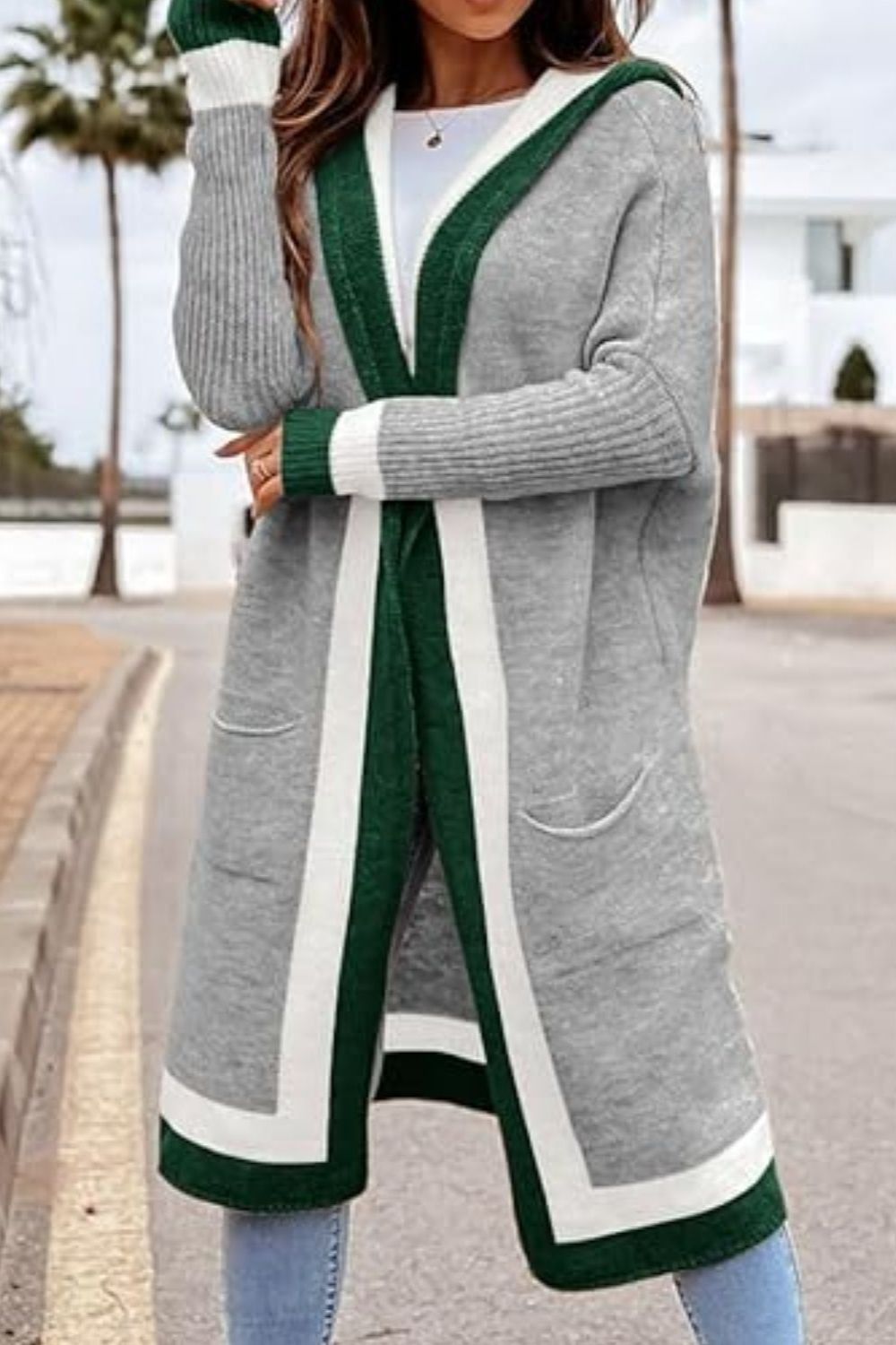 Pocketed Contrast Long Sleeve Hooded Cardigan-Angel Casuals