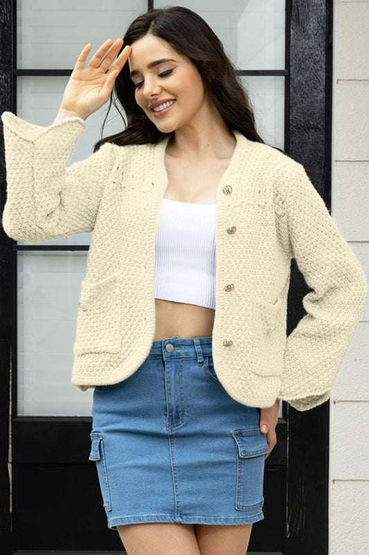 Button Up Long Sleeve Cardigan with Pockets-Angel Casuals